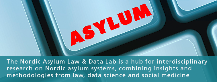 Keyboard with the text asylum- Banner text: ”The Nordic Asylum Law & Data Lab is a hub for interdisciplinary research on Nordic asylum systems, combining insights and methodologies from law, data science and social medicine